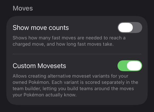 Custom Movesets toggle in Settings