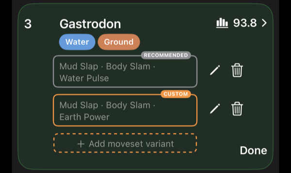 Recommended and custom moveset variants on a Pokémon